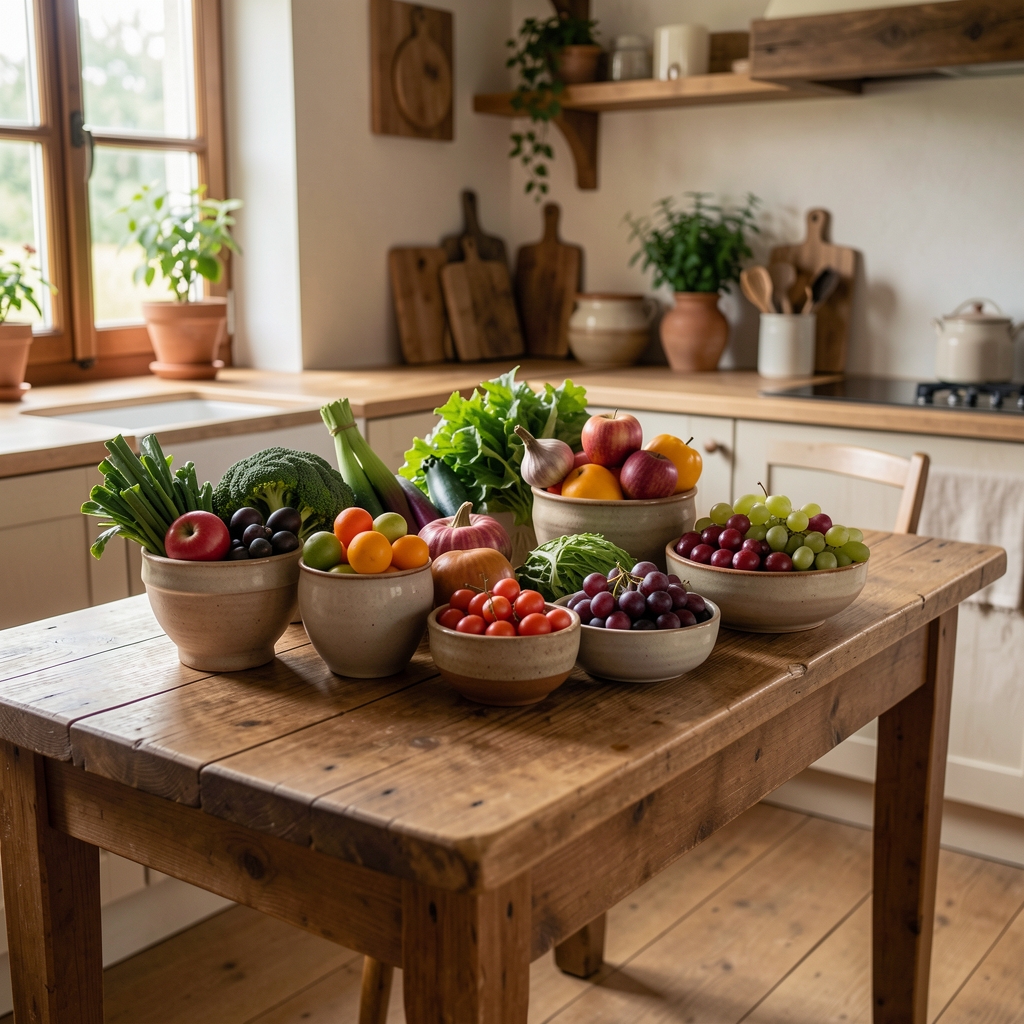 Rustični drveni sto sa svežim sezonskim povrćem i voćem posloženim u keramičkim posudama, prirodno rasejano svetlo iz prozora kuhinje