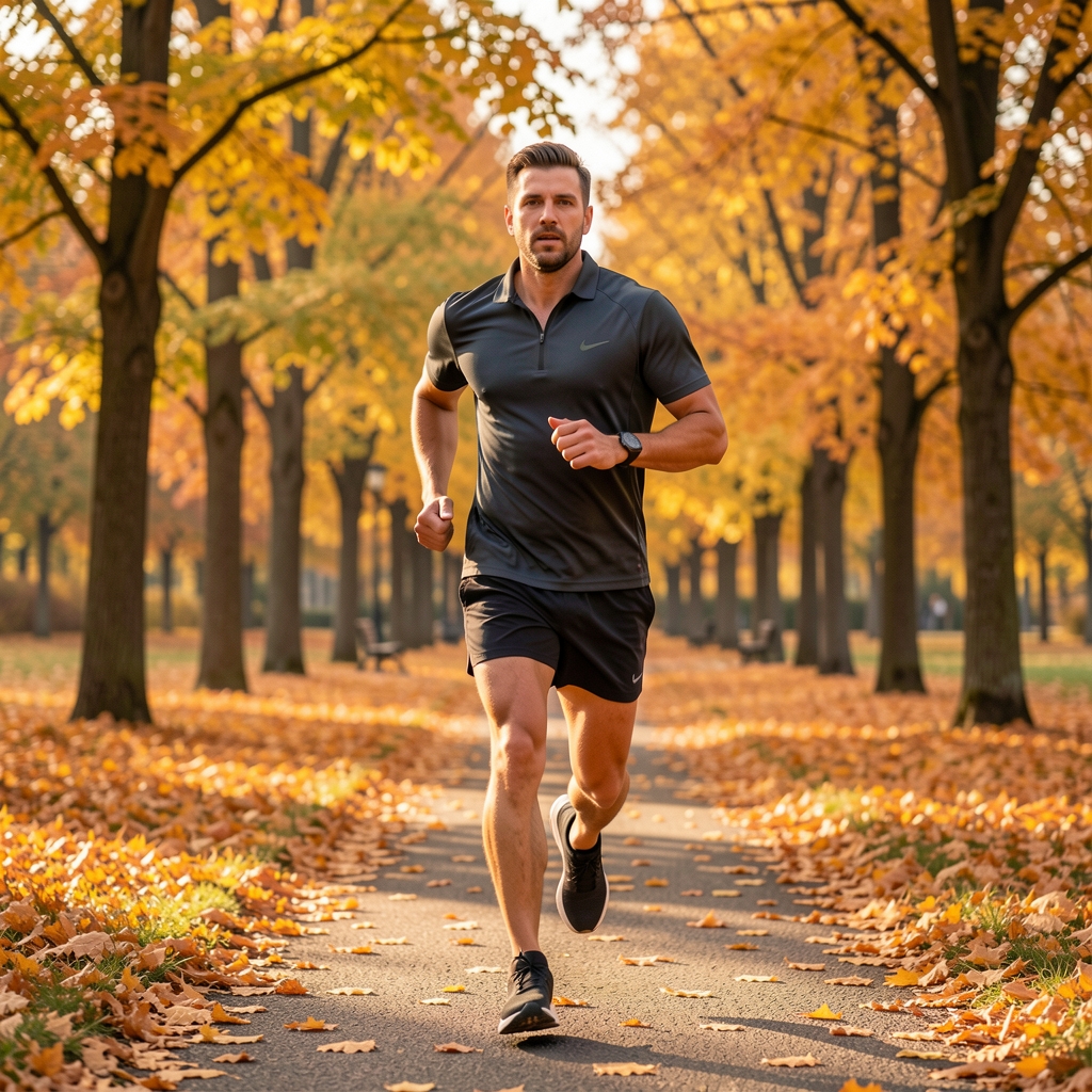 Muškarac u sportskoj opremi trči po jesenjem parku, žuto i narandžasto lišće na stazi, jutarnja atmosfera