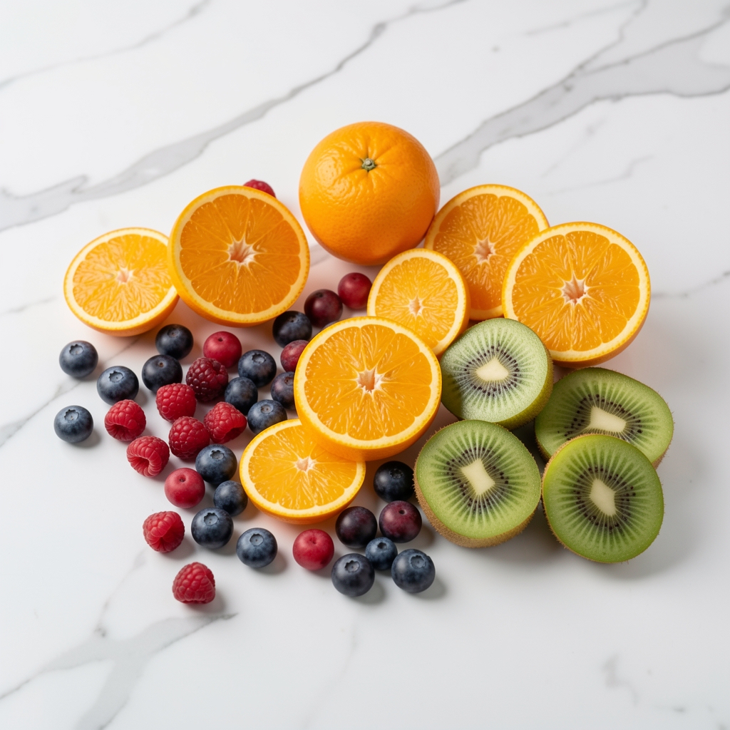 Razno sveže voće rasuto na beloj mramornoj površini: jagode, borovnice, naranže i kivi, svetao minimalistički kadar