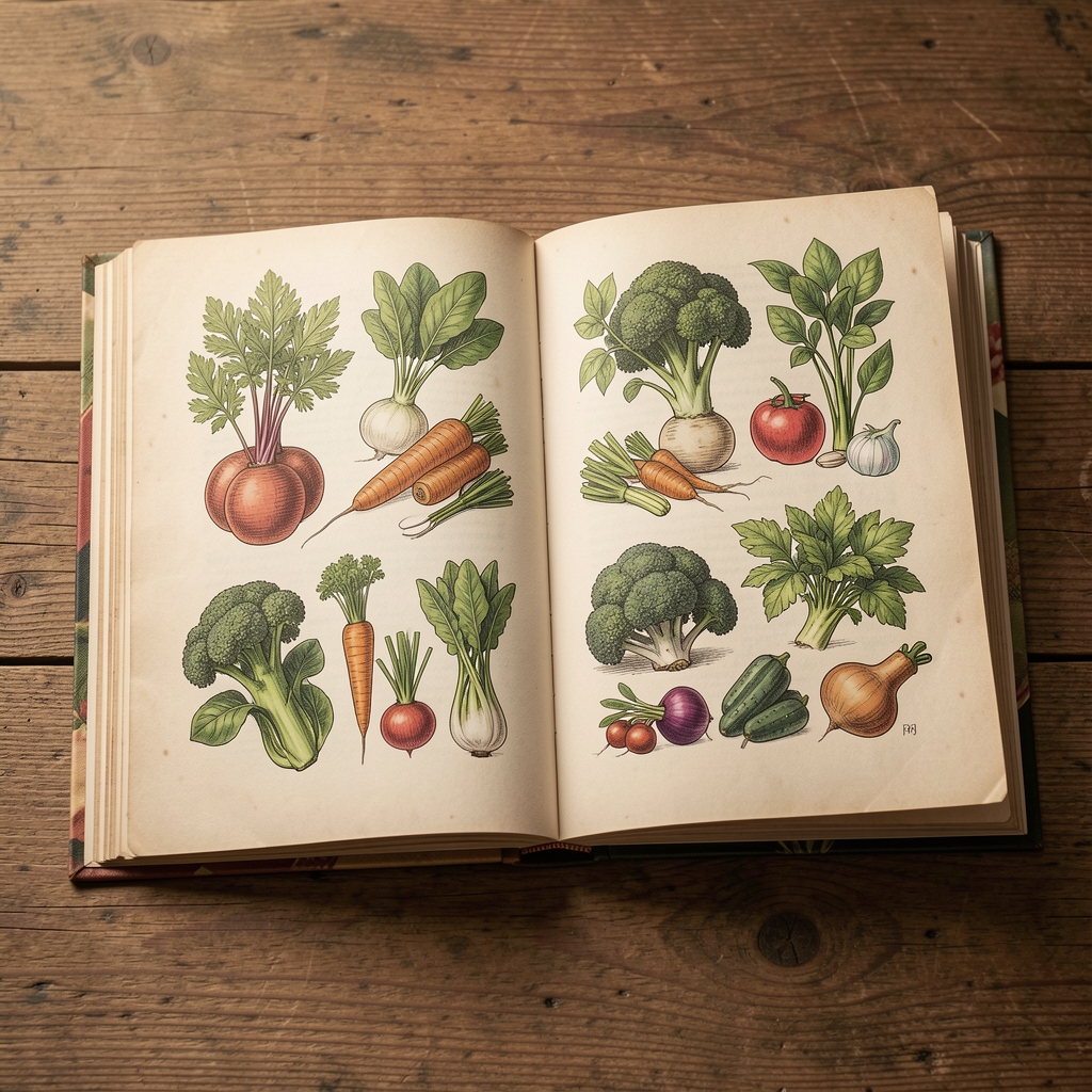 Stara ilustrovana knjiga o botanici otvorena na stranici sa crtežima povrća i biljaka, vintage tekstura papira na drvenom stolu