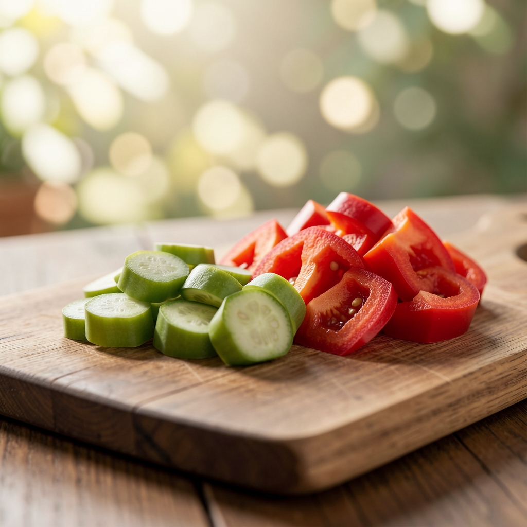 Povrće sečeno na krupne komade na drvnoj dasci: šargarepa, tikvice i crvena paprika, prirodno svetlo bokeh pozadina