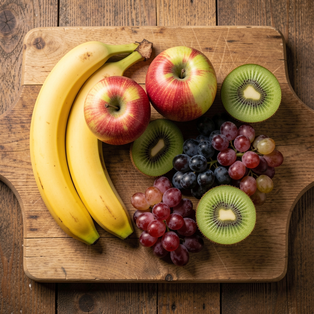 Razno voće na drvenoj dasci za sečenje: banane, jabuke, grožđe i kivi, snimljeno odozgo sa prirodnom teksturom drveta