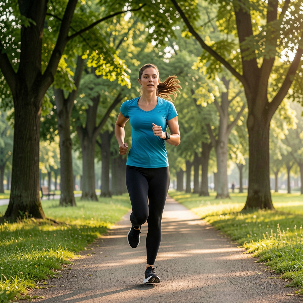 Žena u sportstkoj opremi trči po parku okruženom drvećem sa zelenim lišćem u jutarnje vreme